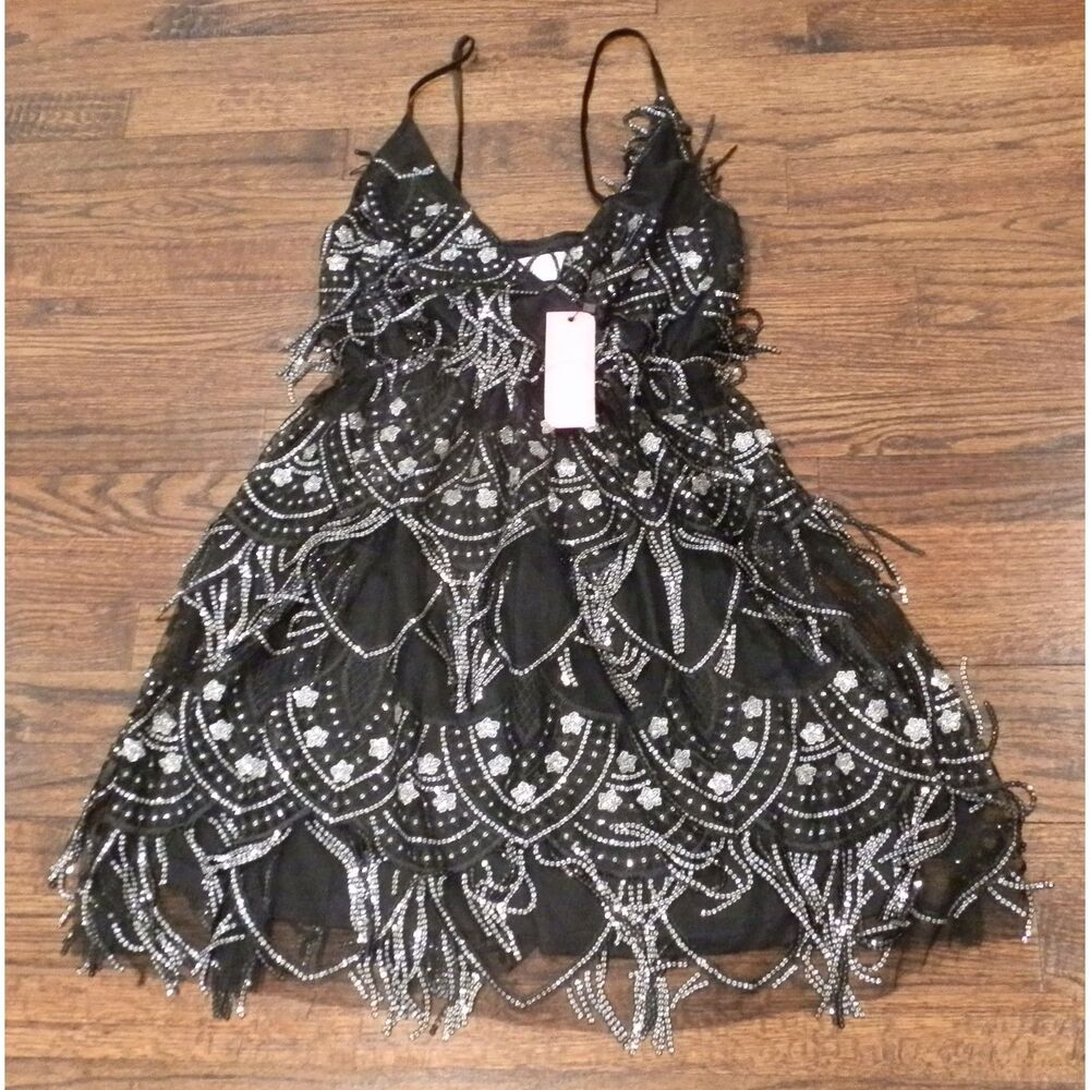 Southern Fried Chics Black Sequin Shiny Fringe Dress Women's Size Medium NWT